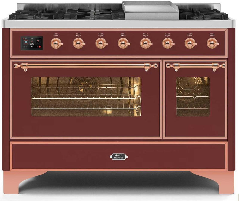 ILVE 48" Majestic II Dual Fuel Range with 8 Burners and Griddle - 5.02 cu. ft. Oven - Copper Trim in Burgundy (UM12FDNS3BUP)