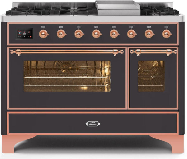 ILVE 48" Majestic II Dual Fuel Range with 8 Burners and Griddle - 5.02 cu. ft. Oven - Copper Trim in Matte Graphite (UM12FDNS3MGP)