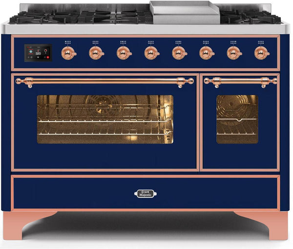 ILVE 48" Majestic II Dual Fuel Range with 8 Burners and Griddle - 5.02 cu. ft. Oven - Copper Trim in Midnight Blue (UM12FDNS3MBP)