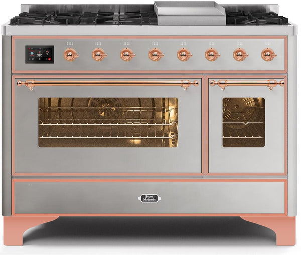 ILVE 48" Majestic II Dual Fuel Range with 8 Burners and Griddle - 5.02 cu. ft. Oven - Copper Trim in Stainless Steel (UM12FDNS3SSP)