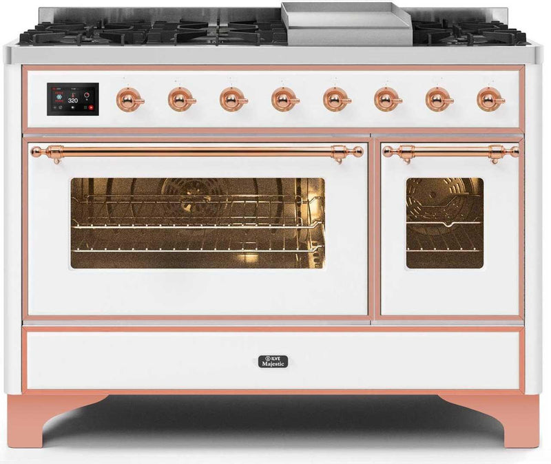 ILVE 48" Majestic II Dual Fuel Range with 8 Burners and Griddle - 5.02 cu. ft. Oven - Copper Trim in White (UM12FDNS3WHP)