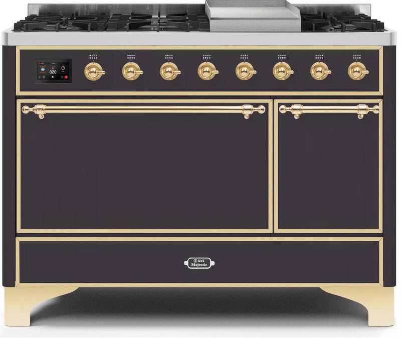 ILVE 48" Majestic II Dual Fuel Range with 8 Sealed Brass Burners and Griddle - 5.62 cu. ft. Oven - Brass (UM12FDQNS3MGG)