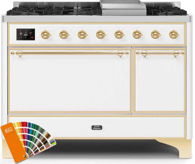 ILVE 48" Majestic II Dual Fuel Range with 8 Sealed Brass Burners and Griddle - 5.62 cu. ft. Oven - Brass (UM12FDQNS3RALG)