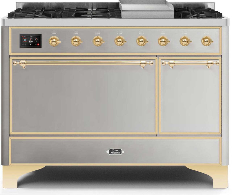 ILVE 48" Majestic II Dual Fuel Range with 8 Sealed Brass Burners and Griddle - 5.62 cu. ft. Oven - Brass (UM12FDQNS3SSG)