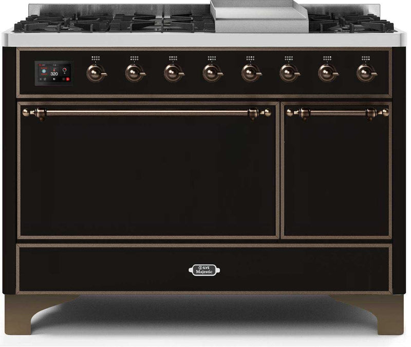 ILVE 48" Majestic II Dual Fuel Range with 8 Sealed Brass Burners and Griddle - 5.62 cu. ft. Oven - Bronze (UM12FDQNS3BKB)