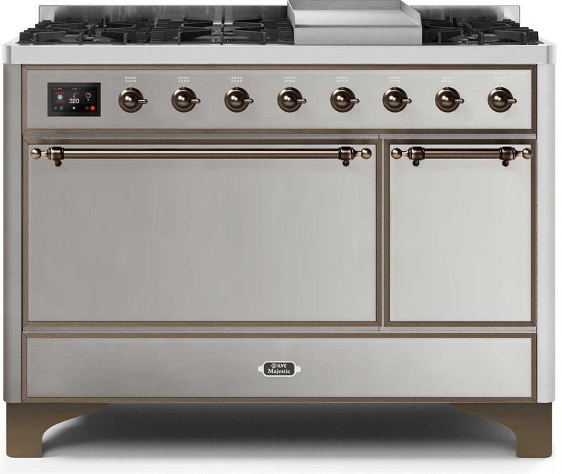 ILVE 48" Majestic II Dual Fuel Range with 8 Sealed Brass Burners and Griddle - 5.62 cu. ft. Oven - Bronze (UM12FDQNS3SSB)