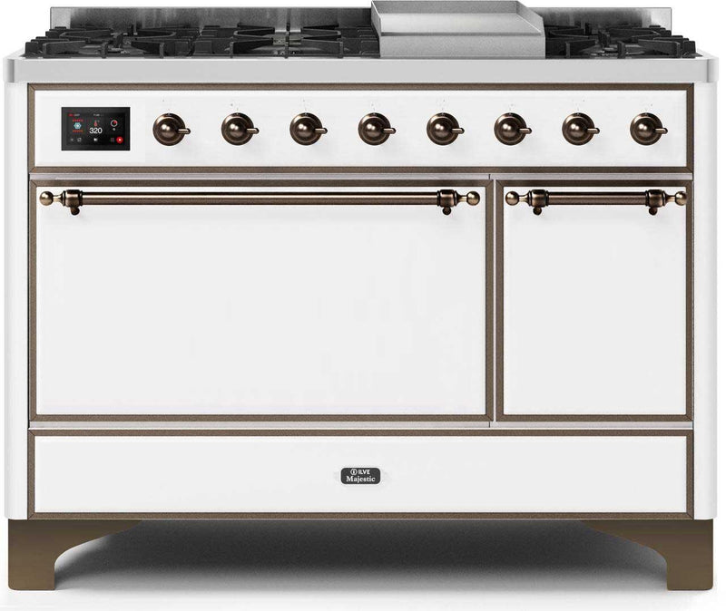 ILVE 48" Majestic II Dual Fuel Range with 8 Sealed Brass Burners and Griddle - 5.62 cu. ft. Oven - Bronze (UM12FDQNS3WHB)