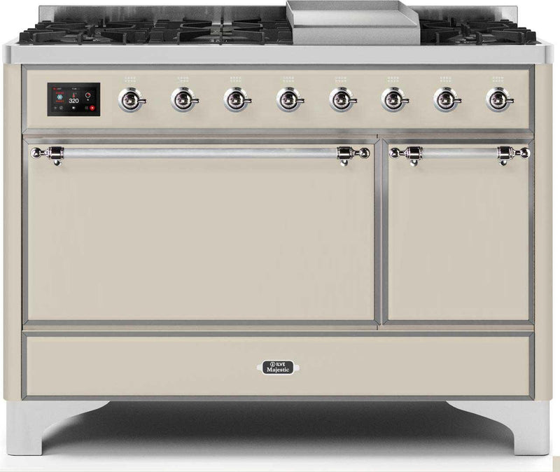 ILVE 48" Majestic II Dual Fuel Range with 8 Sealed Brass Burners and Griddle - 5.62 cu. ft. Oven - Chrome (UM12FDQNS3AWC)