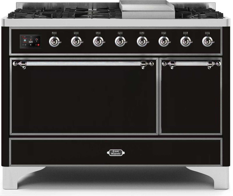 ILVE 48" Majestic II Dual Fuel Range with 8 Sealed Brass Burners and Griddle - 5.62 cu. ft. Oven - Chrome (UM12FDQNS3BKC)