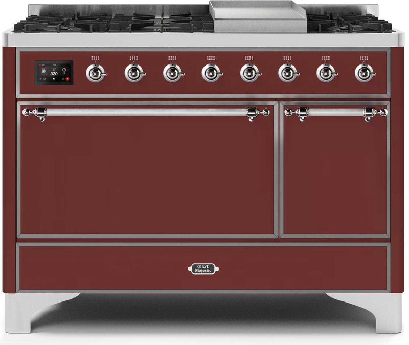 ILVE 48" Majestic II Dual Fuel Range with 8 Sealed Brass Burners and Griddle - 5.62 cu. ft. Oven - Chrome (UM12FDQNS3BUC)