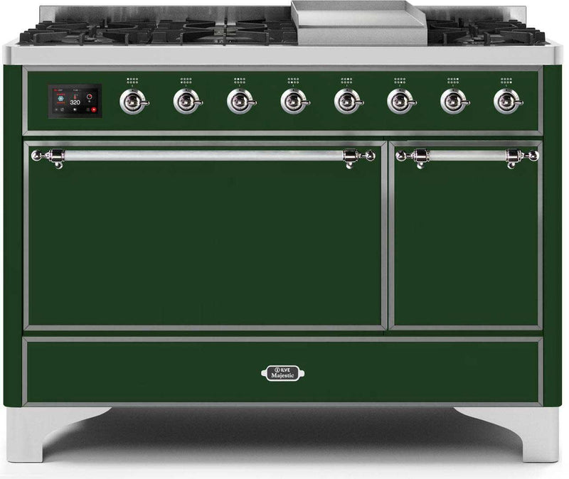 ILVE 48" Majestic II Dual Fuel Range with 8 Sealed Brass Burners and Griddle - 5.62 cu. ft. Oven - Chrome (UM12FDQNS3EGC)