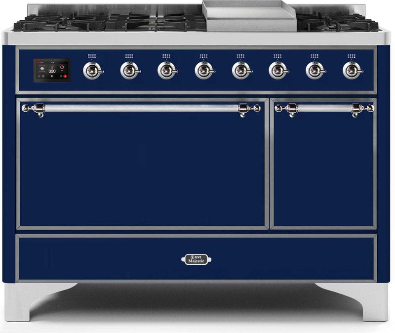 ILVE 48" Majestic II Dual Fuel Range with 8 Sealed Brass Burners and Griddle - 5.62 cu. ft. Oven - Chrome (UM12FDQNS3MBC)