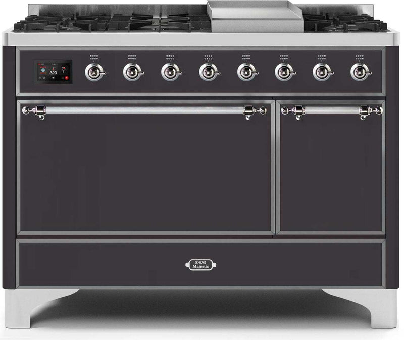 ILVE 48" Majestic II Dual Fuel Range with 8 Sealed Brass Burners and Griddle - 5.62 cu. ft. Oven - Chrome (UM12FDQNS3MGC)