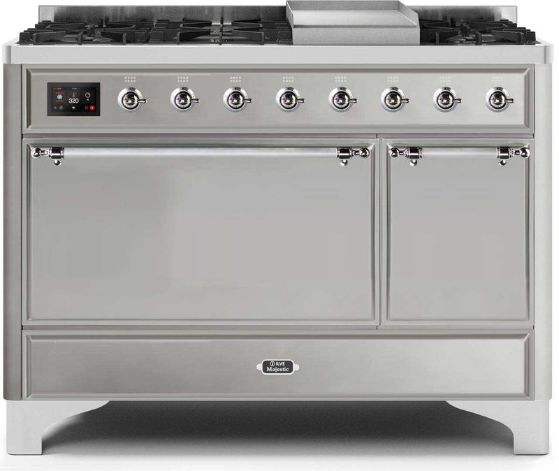 ILVE 48" Majestic II Dual Fuel Range with 8 Sealed Brass Burners and Griddle - 5.62 cu. ft. Oven - Chrome (UM12FDQNS3SSC)