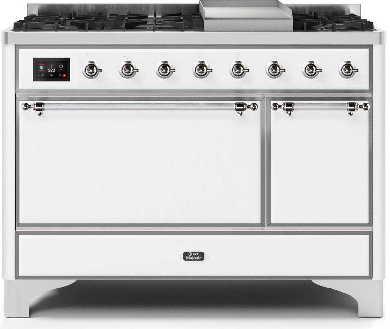 ILVE 48" Majestic II Dual Fuel Range with 8 Sealed Brass Burners and Griddle - 5.62 cu. ft. Oven - Chrome (UM12FDQNS3WHC)