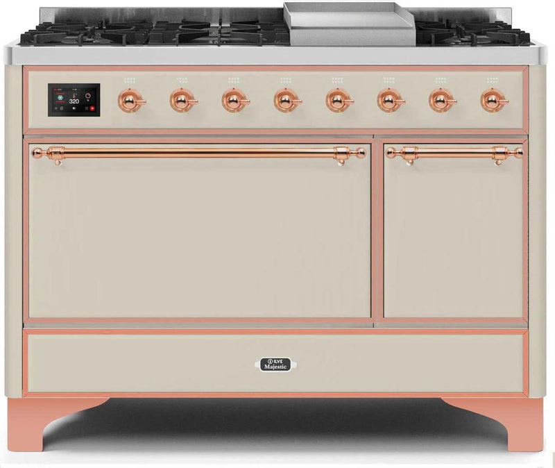 ILVE 48" Majestic II Dual Fuel Range with 8 Sealed Brass Burners and Griddle - 5.62 cu. ft. Oven - Copper (UM12FDQNS3AWP)