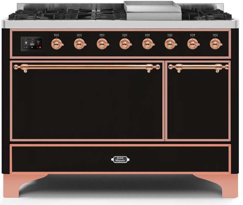 ILVE 48" Majestic II Dual Fuel Range with 8 Sealed Brass Burners and Griddle - 5.62 cu. ft. Oven - Copper (UM12FDQNS3BKP)