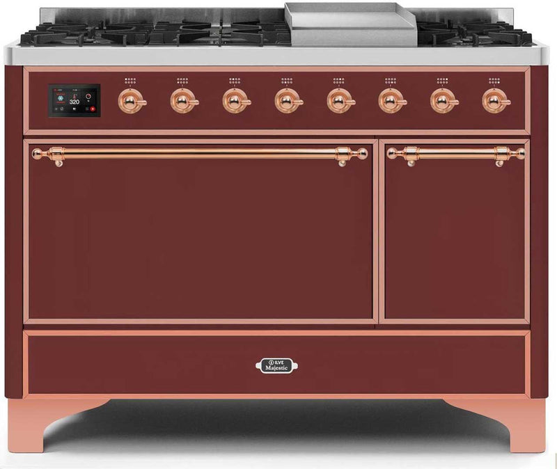 ILVE 48" Majestic II Dual Fuel Range with 8 Sealed Brass Burners and Griddle - 5.62 cu. ft. Oven - Copper (UM12FDQNS3BUP)