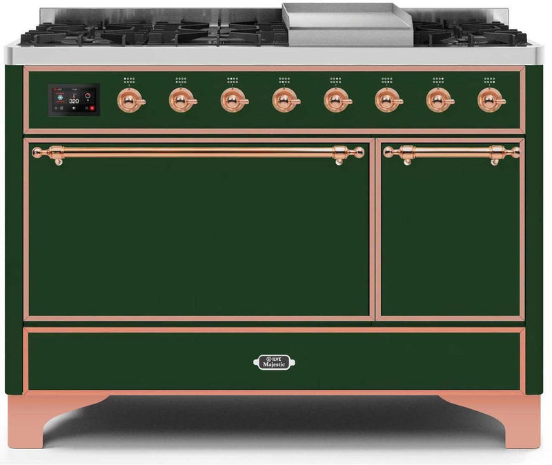 ILVE 48" Majestic II Dual Fuel Range with 8 Sealed Brass Burners and Griddle - 5.62 cu. ft. Oven - Copper (UM12FDQNS3EGP)