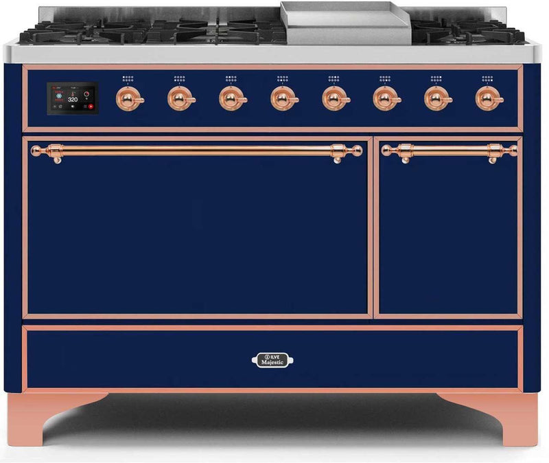 ILVE 48" Majestic II Dual Fuel Range with 8 Sealed Brass Burners and Griddle - 5.62 cu. ft. Oven - Copper (UM12FDQNS3MBP)