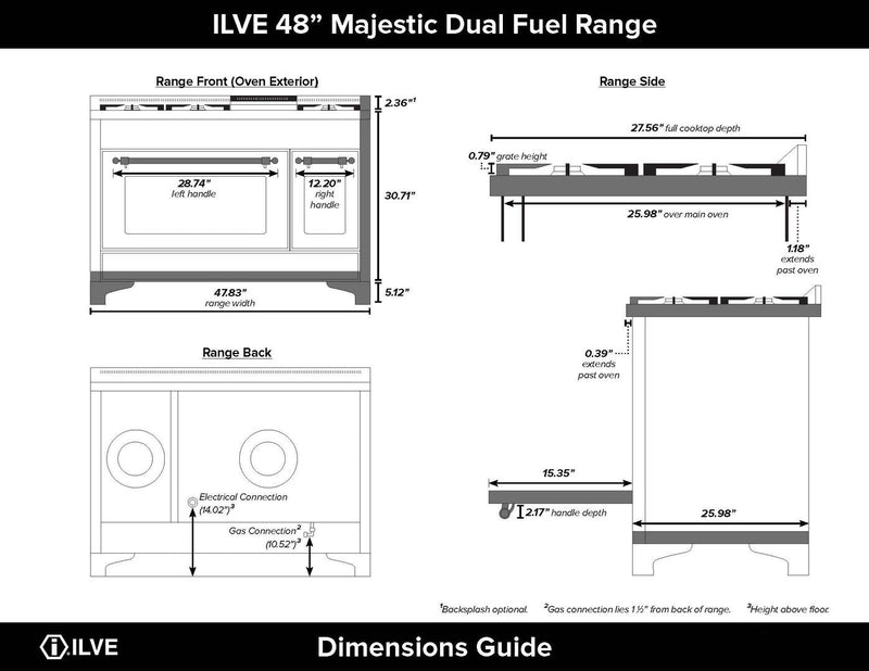 ILVE 48" Majestic II Dual Fuel Range with 8 Sealed Brass Burners and Griddle - 5.62 cu. ft. Oven - Copper (UM12FDQNS3MGP)