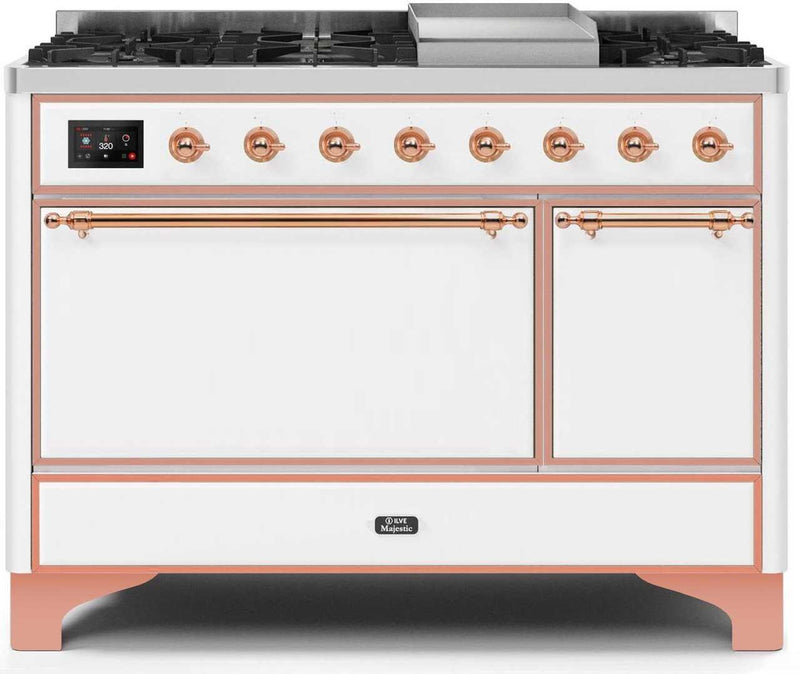 ILVE 48" Majestic II Dual Fuel Range with 8 Sealed Brass Burners and Griddle - 5.62 cu. ft. Oven - Copper (UM12FDQNS3WHP)