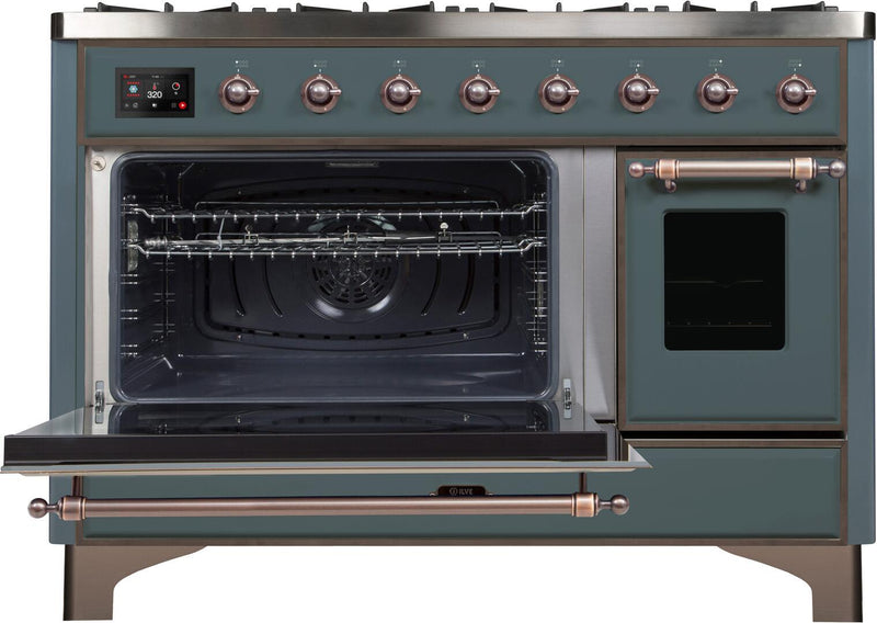 ILVE 48" Majestic II Dual Fuel Range with 8 Sealed Brass Burners and Griddle - 5.62 cu. ft. Oven - in Blue Grey with Bronze Trim (UM12FDNS3BGB)