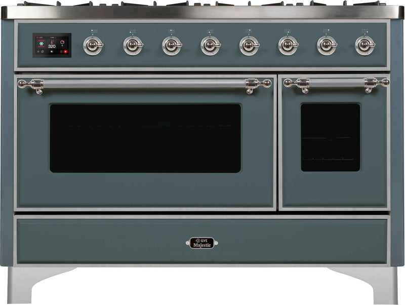 ILVE 48" Majestic II Dual Fuel Range with 8 Sealed Brass Burners and Griddle - 5.62 cu. ft. Oven - in Blue Grey with Chrome Trim (UM12FDNS3BGC)