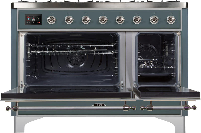 ILVE 48" Majestic II Dual Fuel Range with 8 Sealed Brass Burners and Griddle - 5.62 cu. ft. Oven - in Blue Grey with Chrome Trim (UM12FDNS3BGC)