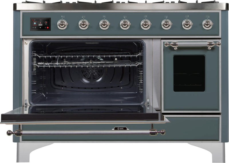 ILVE 48" Majestic II Dual Fuel Range with 8 Sealed Brass Burners and Griddle - 5.62 cu. ft. Oven - in Blue Grey with Chrome Trim (UM12FDNS3BGC)