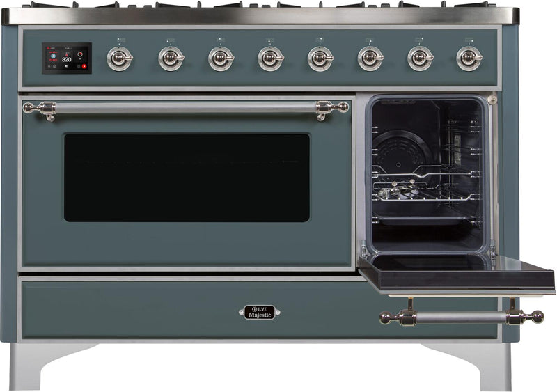 ILVE 48" Majestic II Dual Fuel Range with 8 Sealed Brass Burners and Griddle - 5.62 cu. ft. Oven - in Blue Grey with Chrome Trim (UM12FDNS3BGC)