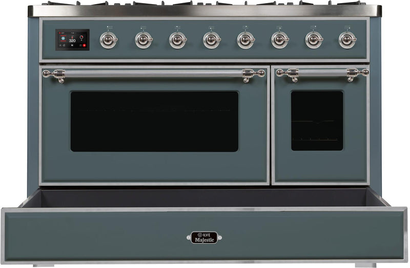 ILVE 48" Majestic II Dual Fuel Range with 8 Sealed Brass Burners and Griddle - 5.62 cu. ft. Oven - in Blue Grey with Chrome Trim (UM12FDNS3BGC)