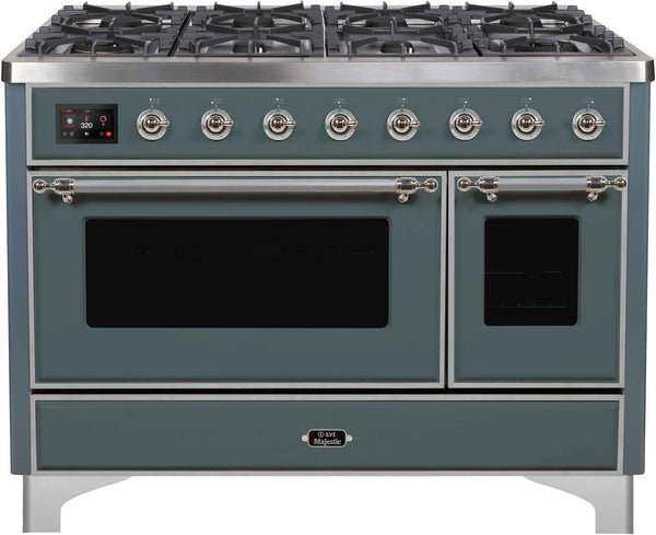 ILVE 48" Majestic II Dual Fuel Range with 8 Sealed Brass Burners and Griddle - 5.62 cu. ft. Oven - in Blue Grey with Chrome Trim (UM12FDNS3BGC)