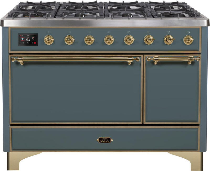 ILVE 48" Majestic II Series Freestanding Dual Fuel Double Oven Range with 8 Sealed Burners in Blue Grey with Brass Trim (UM12FDQNS3BGG)