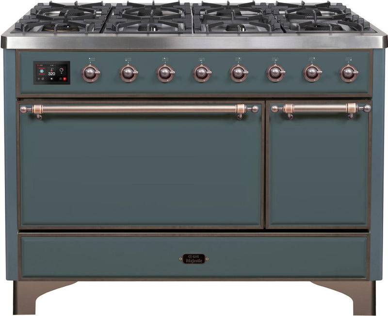 ILVE 48" Majestic II Series Freestanding Dual Fuel Double Oven Range with 8 Sealed Burners in Blue Grey with Bronze Trim (UM12FDQNS3BGB)