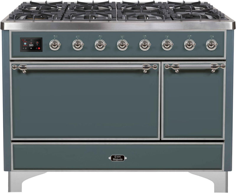 ILVE 48" Majestic II Series Freestanding Dual Fuel Double Oven Range with 8 Sealed Burners in Blue Grey with Chrome Trim (UM12FDQNS3BGC)