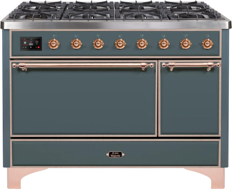 ILVE 48" Majestic II Series Freestanding Dual Fuel Double Oven Range with 8 Sealed Burners in Blue Grey with Copper Trim (UM12FDQNS3BGP)