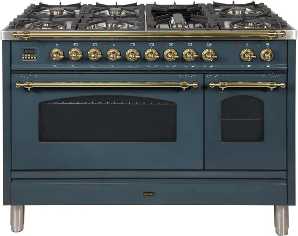 ILVE 48" Nostalgie - Dual Fuel Range with 7 Sealed Brass Burners - 5 cu. ft. Oven in Blue Grey with Brass Trim (UPN120FDMPGU)