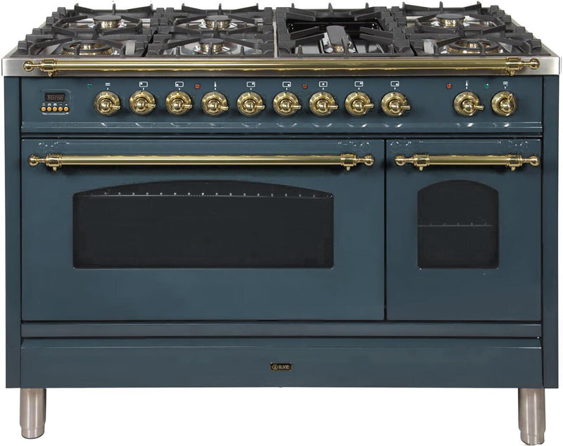 ILVE 48" Nostalgie - Dual Fuel Range with 7 Sealed Brass Burners - 5 cu. ft. Oven in Blue Grey with Brass Trim (UPN120FDMPGU)