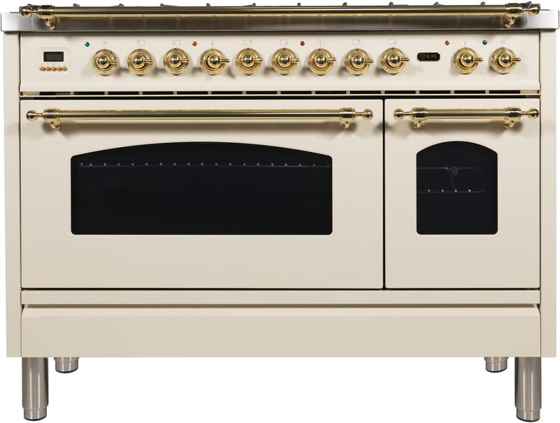 ILVE 48" Nostalgie - Dual Fuel Range with 7 Sealed Burners - 5 - cu. ft. Oven - Griddle with Brass Trim in Antique White (UPN120FDMPA)