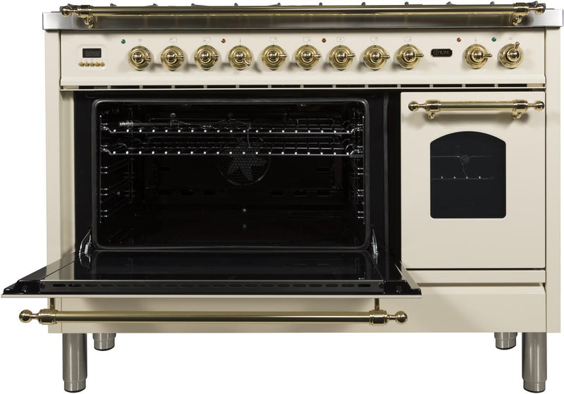 ILVE 48" Nostalgie - Dual Fuel Range with 7 Sealed Burners - 5 - cu. ft. Oven - Griddle with Brass Trim in Antique White (UPN120FDMPA)