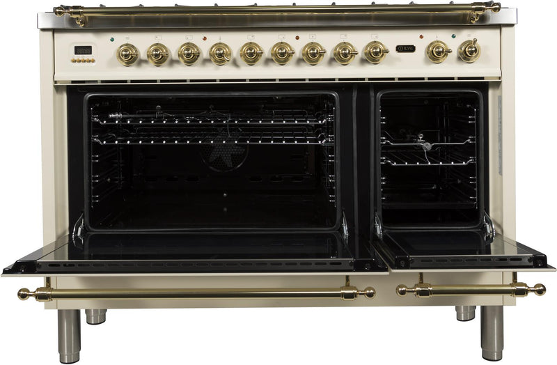 ILVE 48" Nostalgie - Dual Fuel Range with 7 Sealed Burners - 5 - cu. ft. Oven - Griddle with Brass Trim in Antique White (UPN120FDMPA)