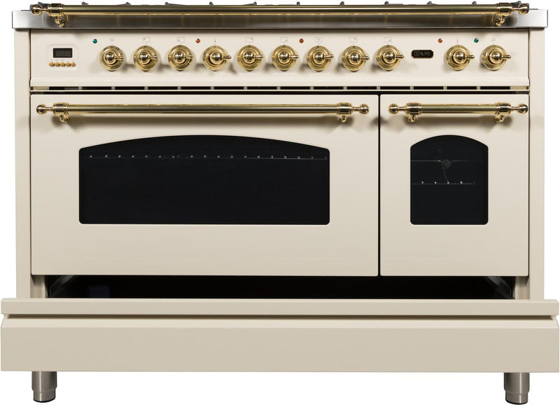 ILVE 48" Nostalgie - Dual Fuel Range with 7 Sealed Burners - 5 - cu. ft. Oven - Griddle with Brass Trim in Antique White (UPN120FDMPA)