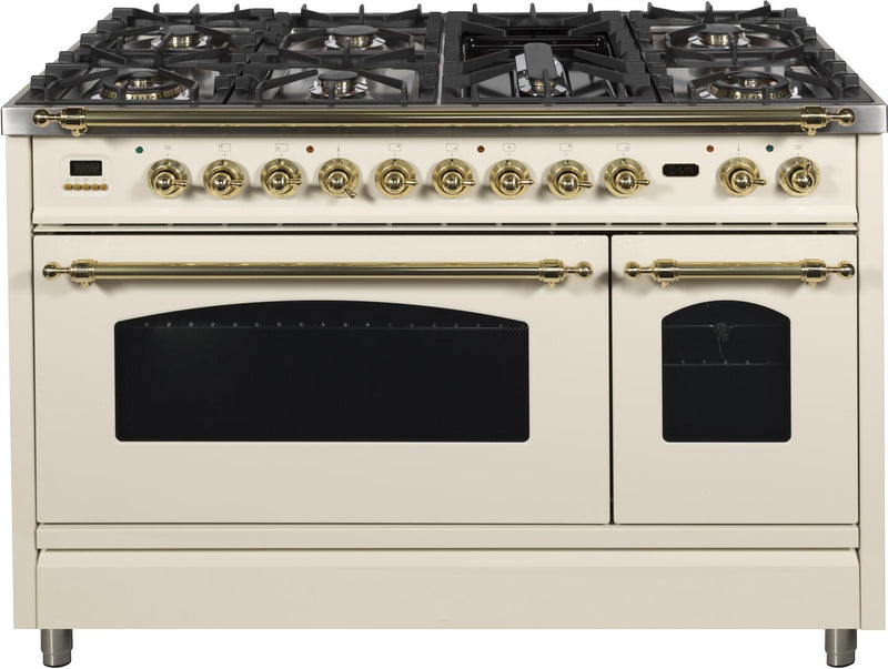 ILVE 48" Nostalgie - Dual Fuel Range with 7 Sealed Burners - 5 - cu. ft. Oven - Griddle with Brass Trim in Antique White (UPN120FDMPA)