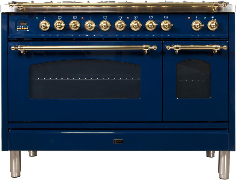 ILVE 48" Nostalgie - Dual Fuel Range with 7 Sealed Burners - 5 cu. ft. Oven - Griddle with Brass Trim in Blue (UPN120FDMPBL)