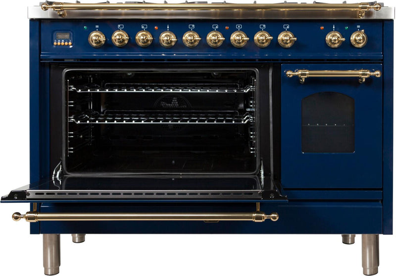 ILVE 48" Nostalgie - Dual Fuel Range with 7 Sealed Burners - 5 cu. ft. Oven - Griddle with Brass Trim in Blue (UPN120FDMPBL)