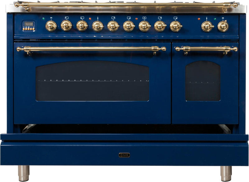 ILVE 48" Nostalgie - Dual Fuel Range with 7 Sealed Burners - 5 cu. ft. Oven - Griddle with Brass Trim in Blue (UPN120FDMPBL)