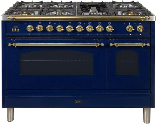 ILVE 48" Nostalgie - Dual Fuel Range with 7 Sealed Burners - 5 cu. ft. Oven - Griddle with Brass Trim in Blue (UPN120FDMPBL)