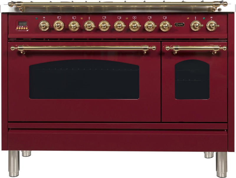 ILVE 48" Nostalgie - Dual Fuel Range with 7 Sealed Burners - 5 cu. ft. Oven - Griddle with Brass Trim in Burgundy (UPN120FDMPRB)