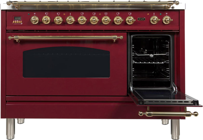 ILVE 48" Nostalgie - Dual Fuel Range with 7 Sealed Burners - 5 cu. ft. Oven - Griddle with Brass Trim in Burgundy (UPN120FDMPRB)